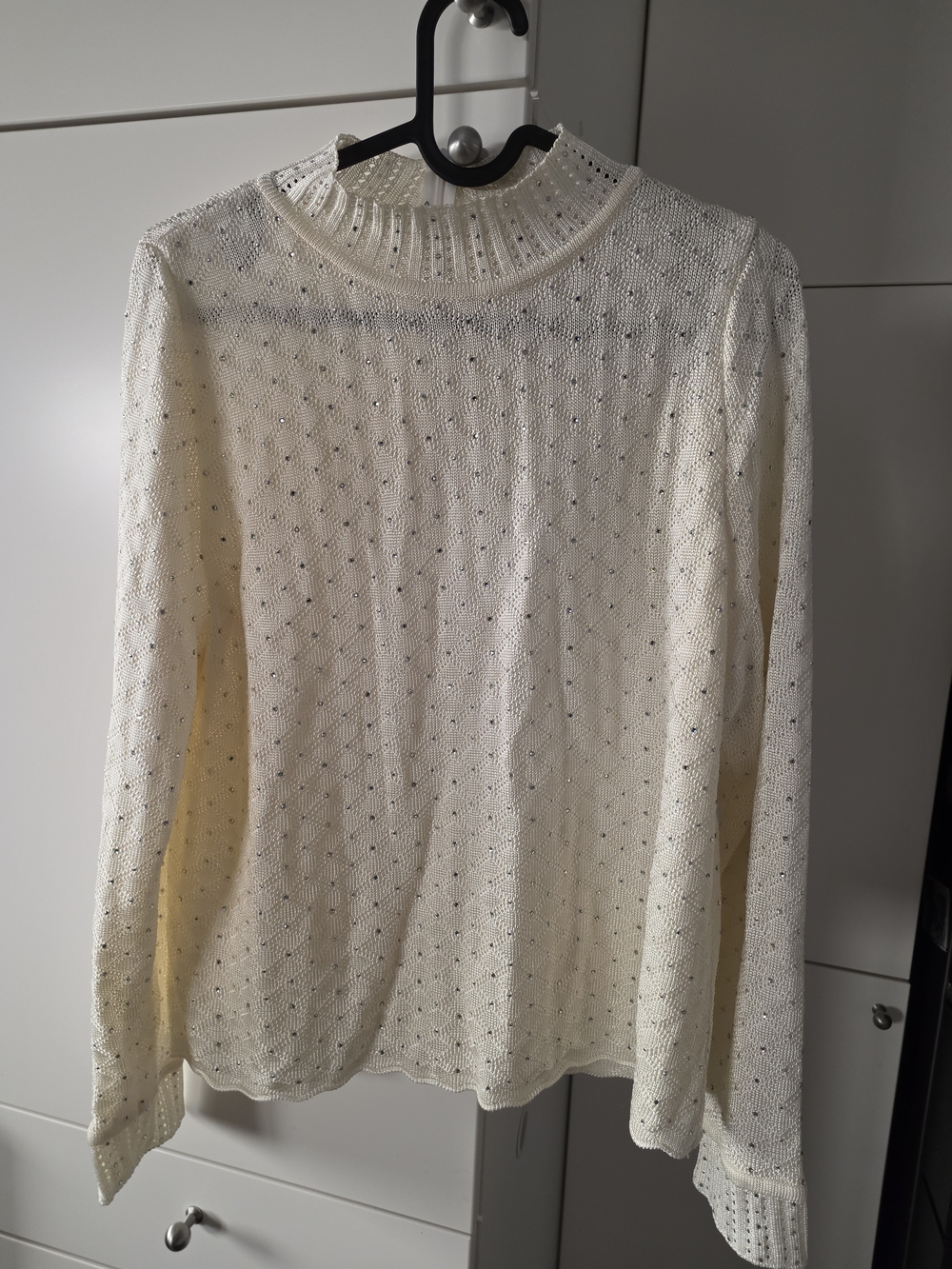 Vintage St. John-Style Rhinestone Pointelle Mock Neck Sweater Cream M